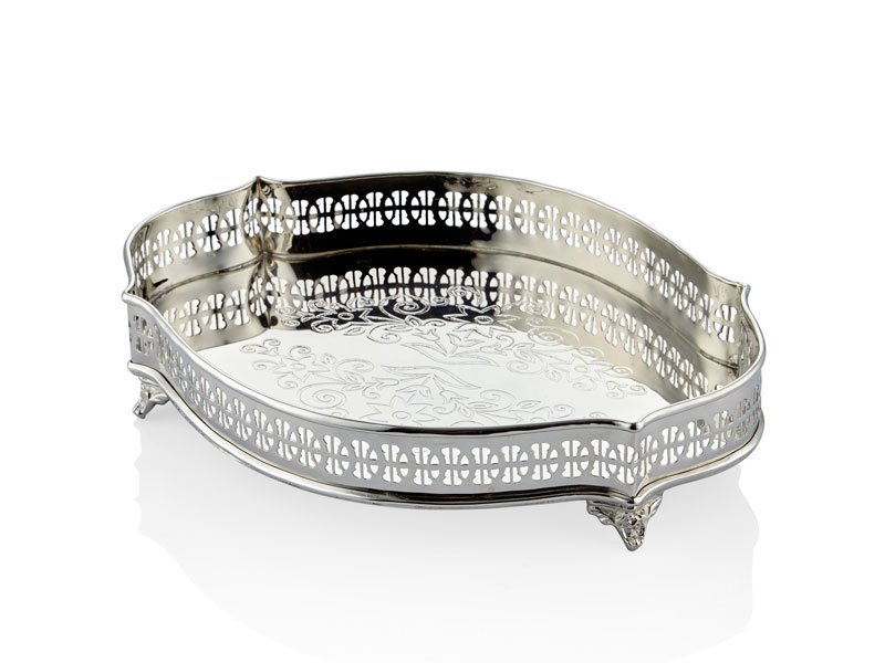 Flower pirinç Gümüş Ayaklı Tepsi 29X20X7 cm