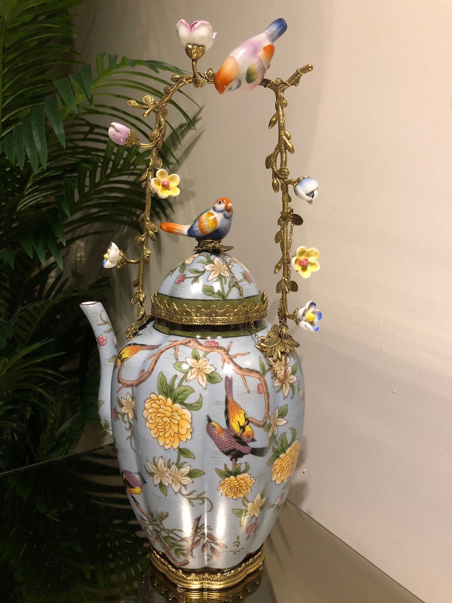 Renkli Kuşlu Porselen Çaydanlık