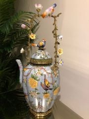 Renkli Kuşlu Porselen Çaydanlık